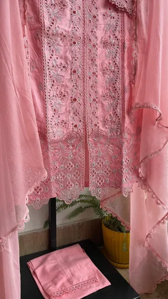Pakistani Original Hayat’s Luxury Embroidered Stitched Cotton 3Pcs _ Pink 